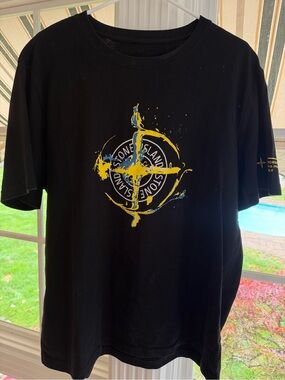 Stone Island Black T‑Shirt with Yellow and Blue Graphic Compass